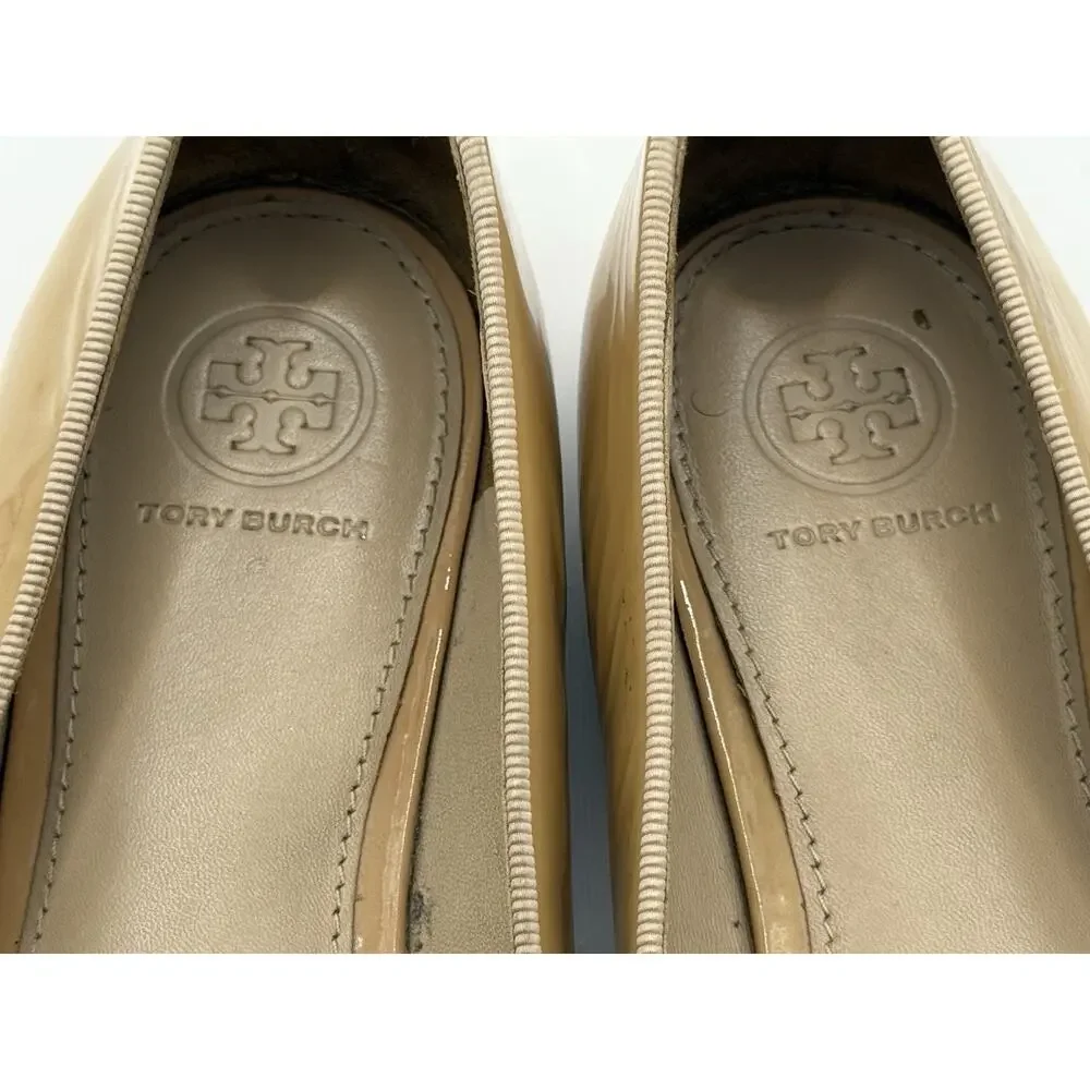 Tory Burch Women's 8M Samantha Smoking Patent Leather Slippers Loafers Beige